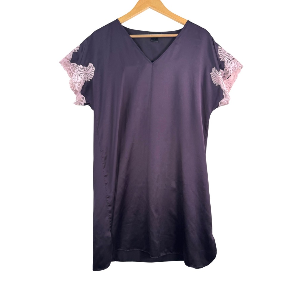 Natori Plum Lace Trim V Neck Short Sleeve Nightgown whimsigoth satin sz M